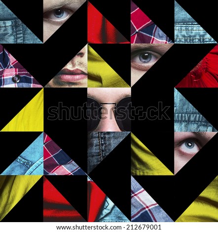 Hipster style concept. Geometrical collage of young handsome hipster man\'s style with trendy clothes and accessories. Close up. Studio shot