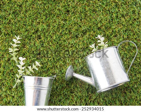 steel bucket, watering can and plant on green grass turf
