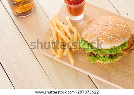 crispy chicken burger on wood