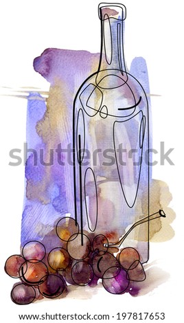 Red grape and bottle of wine. Combination watercolor with digital additions