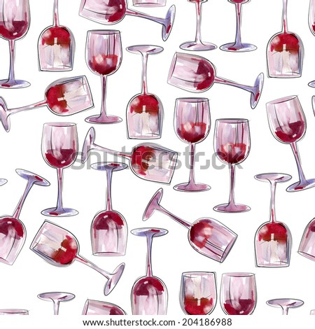Glasses of red wine. Seamless background pattern. Combination watercolor with digital additions