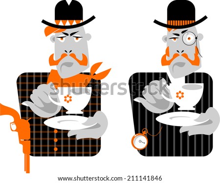 Set of man with cup of coffee. Retro style. Cowboy and gentleman. Vector illustration