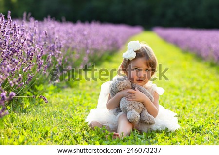 Beautiful little girl wearing white dress sitting in lavender field hugging stuffed animal