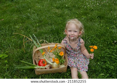 Gardening, vegetables - little girl with the basket of ecological harvests