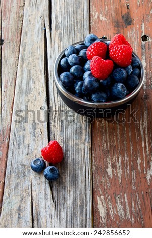 Organic Berries on Rustic Wooden Background. Summer Berry over Wood. Agriculture, Gardening, Harvest Concept