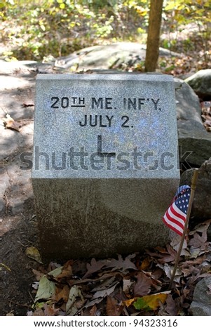 closeup view of the 20th maine infantry marker at little round top at gettysburg