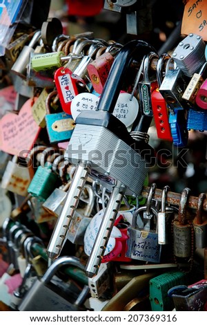 SEOUL,SOUTH KOREA - JULY 21: Plenty of master key were locked  on July 21, 2010 at Seoul tower. People believe that the locked key will keep their forever love.