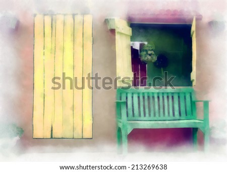 Front view of a wooden yellow door and window. Bench on the porch. Entrance of a house.Water color