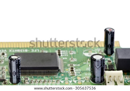 Old computer circuit board in close up view,isolated on white.