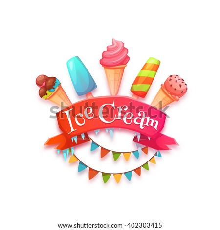 Ice cream banner with red ribbon. Vector illustration.