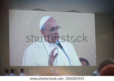 Pope Francis/image on a screen of Francis Pope during his pastoral visit to Cagliari/Cagliari, Sardinia, Italy - Septmber 22, 2012:Day-long trip to the Sardinian capital of Pope Francis