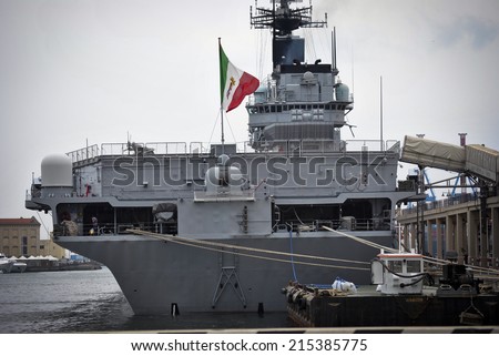 Italian aircraft carrier/tricolor flag out on the aircraft carrier Giuseppe Garibaldi.