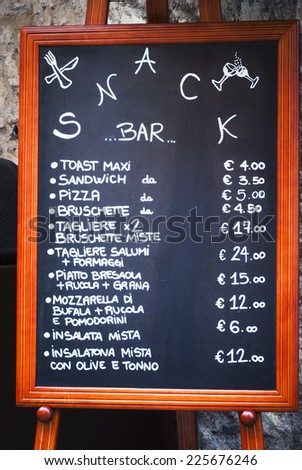 Restaurant in Italy/Menus and their prices displayed outside an Italian restaurant