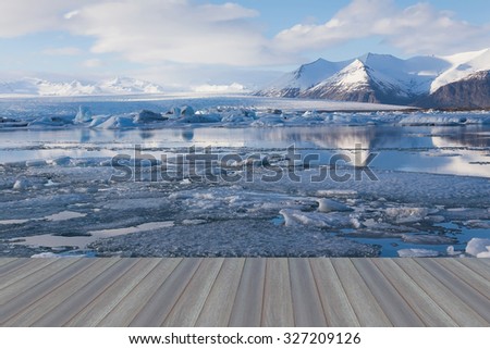 Opening wooden floor, Beautiful natural of winter lake during late winter, Iceland