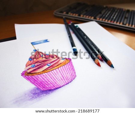 Hand drawn illustration. Sweet cupcake. Muffin and color pencils.