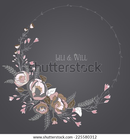 Beautiful round frame with floral elements. Frame with flowers and leaves. Gentle, soft colors.