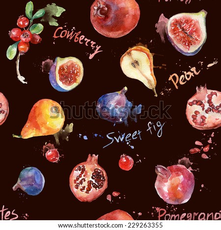 Seamless pattern. Colorful watercolor fruit. Set of fig, pomegranate, cranberry, blueberry, pear. Can be used for pattern fills, wallpapers,texture of fabric, surface textures.
