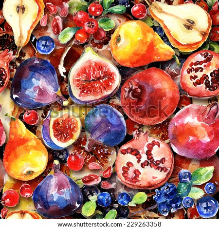 Seamless pattern. Colorful watercolor fruit. Set of fig, pomegranate, cranberry, blueberry, pear. Can be used for pattern fills, wallpapers,texture of fabric, surface textures.