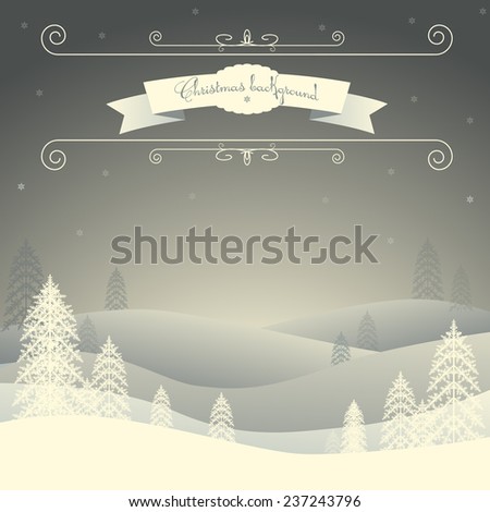 Merry Christmas Landscape. Background with snow and Christmas tree. Winter landscape.
