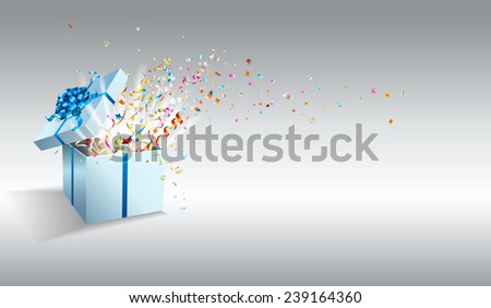 Open gift with fireworks from confetti. Congratulations on holiday. Border design. Background for promotions and offers.  Vector background.