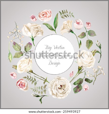 Vector set of different white, beige flowers for design. Watercolor roses, leaves. Set of floral elements to create compositions.