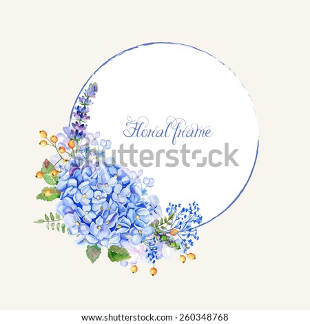 Vector round frame of blue hydrangea and other flowers. Watercolor wreath. Can be used as a greeting card for background of Valentine\'s day, birthday, mother\'s day or any other design