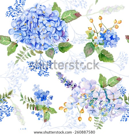 Seamless pattern. Vector watercolor blue hydrangea, lavender. Illustration of flowers. Vintage. Can be used for gift wrapping paper, birthday, mother\'s day. Gentle, cute background.
