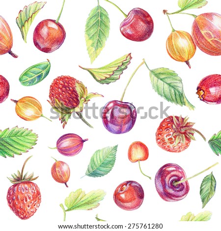Seamless pattern with berries. Drawing with colored pencils. Colorful drawing of cherries, cranberries, gooseberries, strawberries.