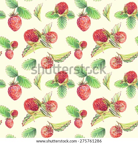 Seamless pattern with strawberries. Drawing with colored pencils. Colorful drawing of strawberries.