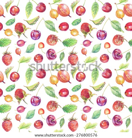 Seamless pattern with berries. Drawing with colored pencils. Coloful drawing of cherries, cranberries, gooseberries, strawberries.