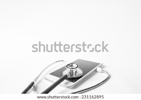 stethoscope with smart phone. on white, abstract background to solution or key of solution problem for smart phone .