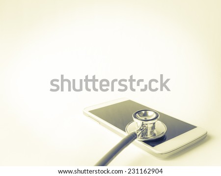 stethoscope with smart phone. on white, abstract background to solution or key of solution problem for smart phone .