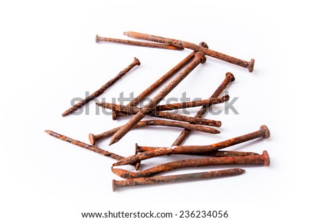 rusty nails on white background.