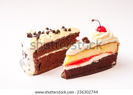 chocolate layer cake with chocolate ship topping cream and vanilla layer cake with cherry currant  cream on white background.