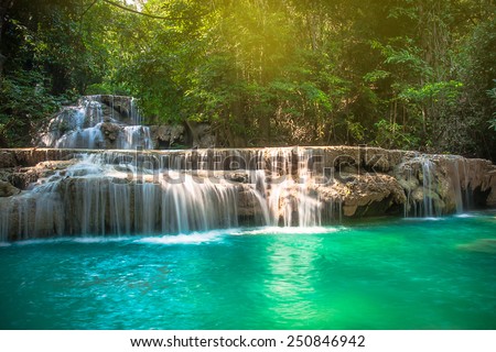 Huay Mae Khamin waterfall with day noo light in tropical forest, Thailand
