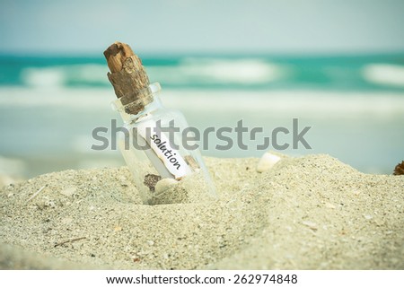 bottle with a message on white sand beach over blue sea and sun light.