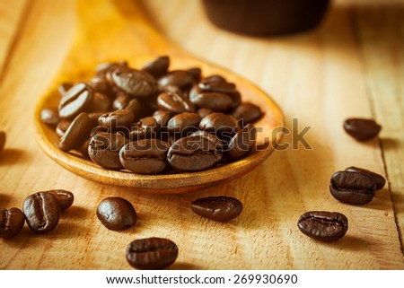 selective focus of coffee beans on wooden spoon ,vintage color tone.