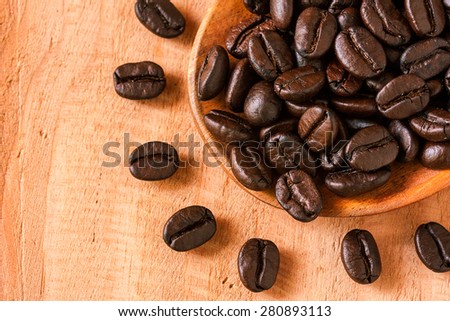selective focus of coffee beans on wooden spoon
