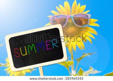empty blank blackboard for summer text with sunflower flower field background