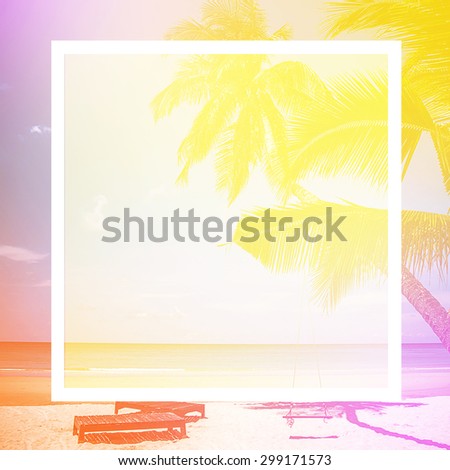 blank design frame. label over coconut tree and beach wooden bed on white sand with beautiful blue sea over clear blue sky  background,vintage color tone.