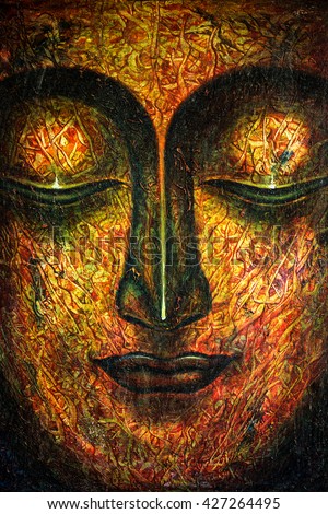 oil painting by hand of Buddha face with oil paint texture on canvas texture painting,meditation and art concept.
