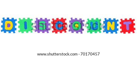 Word Discount from letter puzzle, isolated on white background.