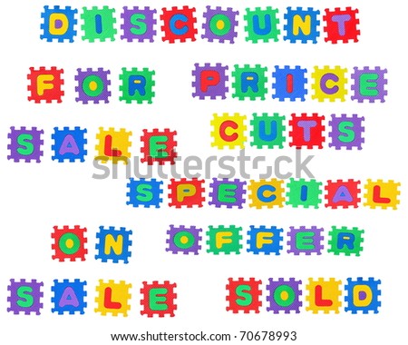 Message, discount, on sale, for sale, price cuts, special offer, from letter puzzle, isolated on white background.