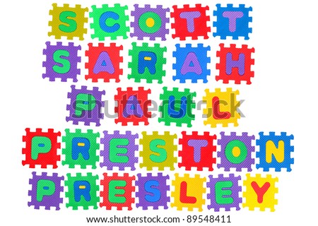 The names SCOTT, SARAH, PAUL, PRESTON, and PRESLEY, made of letter puzzle, isolated on white background.