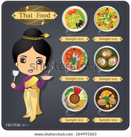 cartoon vector thai chef girl in thai dress & thai food menu