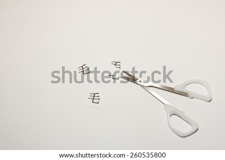 A Japanese word on the center of picture means hair in English. / Cutting a sheet by scissors - three