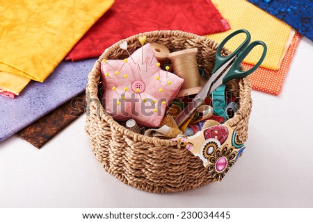 Accessories for sewing in a wicker basket