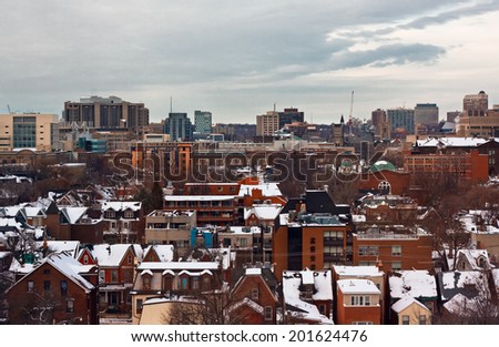 Scenic view of winter town on dusk, Toronto, Canada