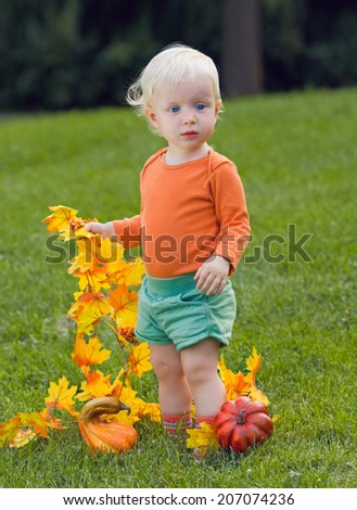 Portrait of cute funny adorable blond Caucasian baby toddler with blue eyes in orange shirt standing in grass on field meadow with yellow autumn fall leaves, pumpkins. Halloween, holidays