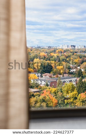 View from window, autumn, fall, linen curtain, blurry background